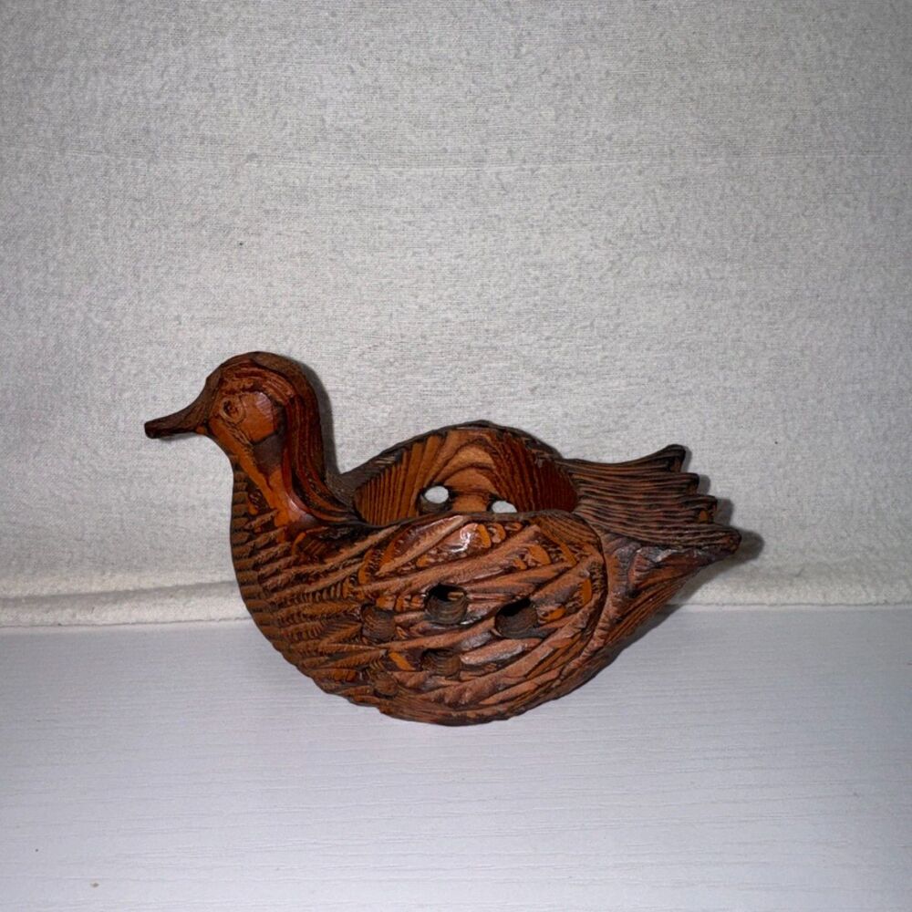Vintage Wooden Duck Planter Small Hand Carved Trinket Bowl Decor‎ Dark Stain